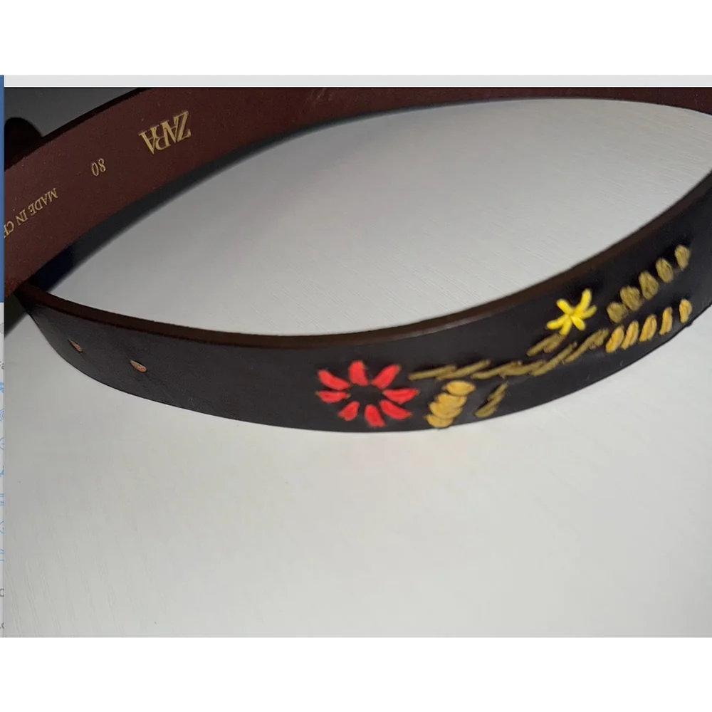 Leather Belt with Floral Embroidery Size 30 US